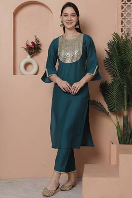 women's poly silk embroidered kurta & pant with dupatta 5