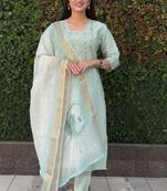 Seagreen roman silk handwork kurti pant with dupatta set