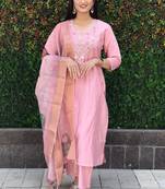 Pink roman silk handwork kurti pant with dupatta set