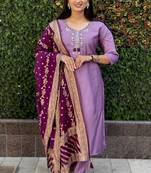 Lavender roman silk handwork kurti pant with dupatta set