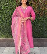 Pink roman silk handwork kurti pant with dupatta set