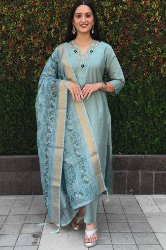 Seegreen roman silk handwork kurti pant with dupatta set
