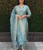 Seegreen roman silk handwork kurti pant with dupatta set