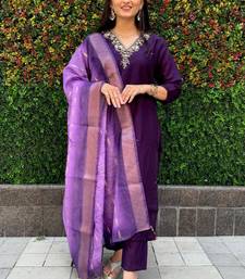 Purple roman silk handwork kurti pant with dupatta set