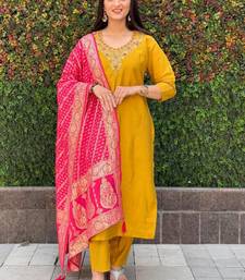 Mustard roman silk handwork kurti pant with dupatta set