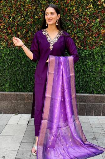 Purple roman silk handwork kurti pant with dupatta set