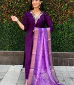 Purple roman silk handwork kurti pant with dupatta set