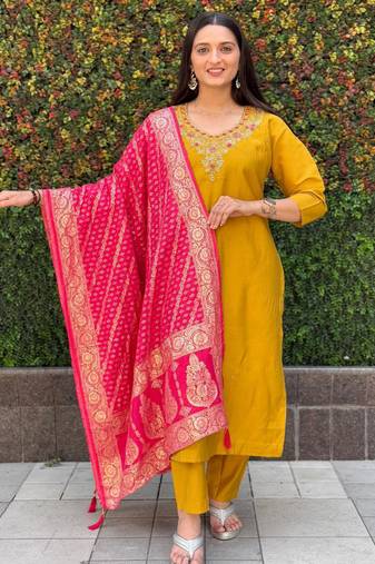 Mustard roman silk handwork kurti pant with dupatta set