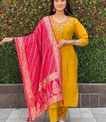 Mustard roman silk handwork kurti pant with dupatta set