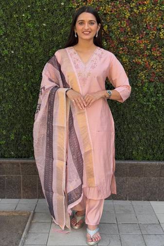 Lightpink roman silk handwork kurti pant with dupatta set