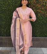 Lightpink roman silk handwork kurti pant with dupatta set
