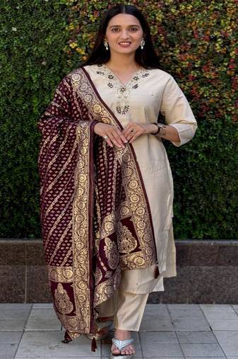 Cream roman silk handwork kurti pant with dupatta set