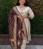 Cream roman silk handwork kurti pant with dupatta set