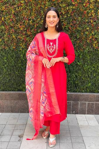 Red roman silk handwork kurti pant with dupatta set
