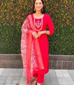 Red roman silk handwork kurti pant with dupatta set