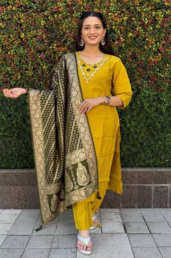 Mustard roman silk handwork kurti pant with dupatta set