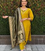 Mustard roman silk handwork kurti pant with dupatta set