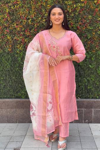 Pink roman silk handwork kurti pant with dupatta set