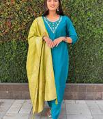 Firozi roman silk handwork kurti pant with dupatta set