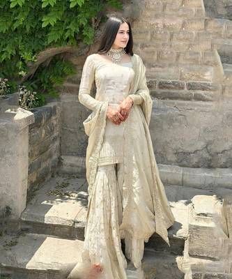 Cream Woven Pure Chinnon Silk Kurta with Gharara and Dupatta 8