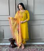 Mustard Embroidered Chanderi Straight Kurta, Pant and Dupatta Set