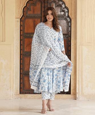 women blue floral anarkali kurta pant and dupatta set 6