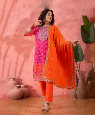 Chinon bandhni print sequence coding work kurta pant with dupatta set 1