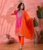 Chinon bandhni print sequence coding work kurta pant with dupatta set