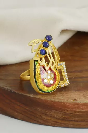 Lapis and cubic zircon handmade meenakari ring Adjustable
