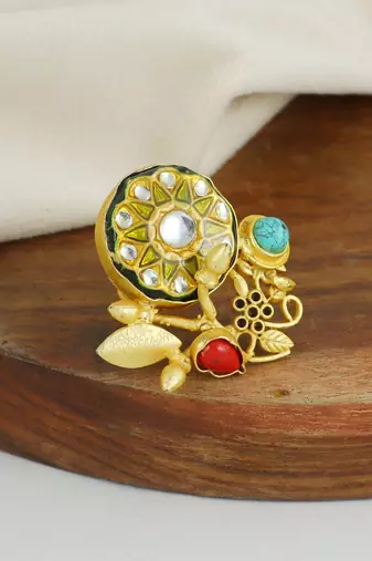 Red coral and turquoise handmade meenakari ring Adjustable