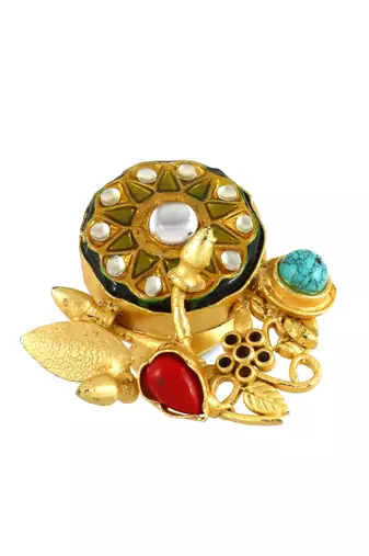 Red coral and turquoise handmade meenakari ring Adjustable