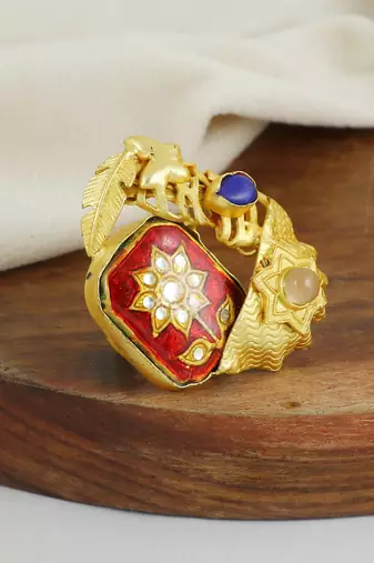 Lapis and rose quartz handmade meenakari ring Adjustable