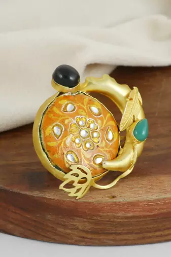 Black-green onyx handmade meenakari ring Adjustable