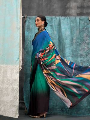 Black-teal blue printed silk crepe saree 1
