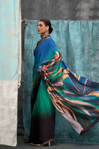 Black-teal blue printed silk crepe saree