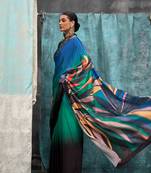 Black-teal blue printed silk crepe saree