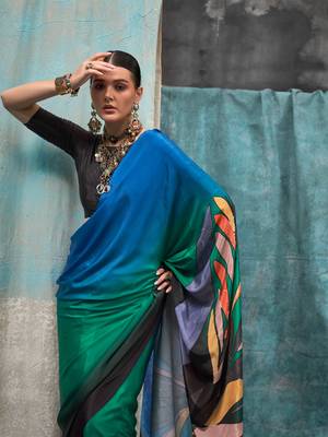 Black-teal blue printed silk crepe saree 2