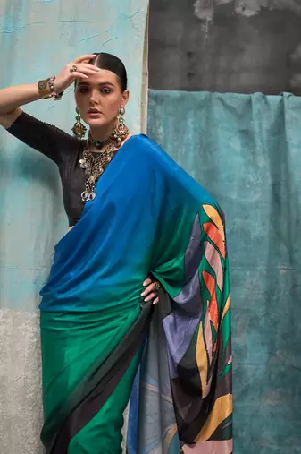 Black-teal blue printed silk crepe saree