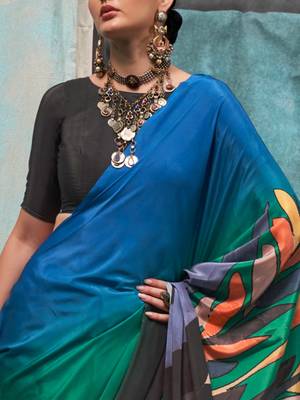 Black-teal blue printed silk crepe saree 3