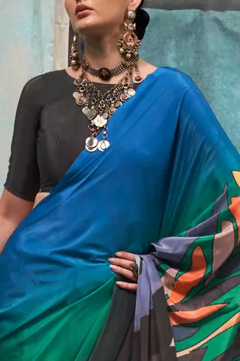 Black-teal blue printed silk crepe saree