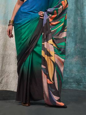 Black-teal blue printed silk crepe saree 4