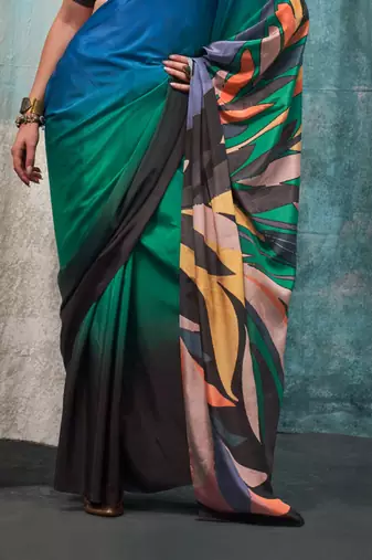 Black-teal blue printed silk crepe saree