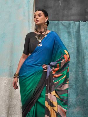 Black-teal blue printed silk crepe saree 5