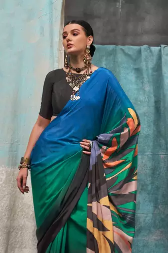 Black-teal blue printed silk crepe saree