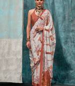 Cream-brown printed silk crepe saree
