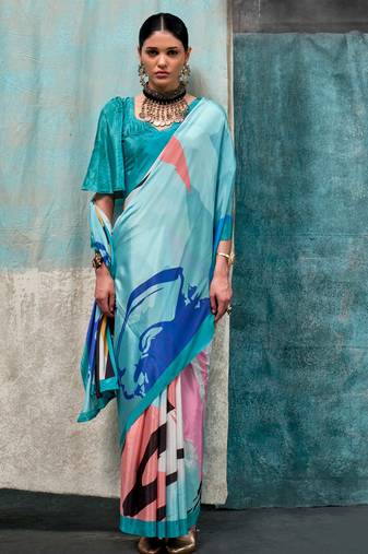 Sky blue-teal blue printed silk crepe saree