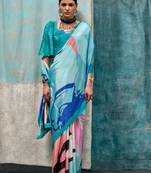 Sky blue-teal blue printed silk crepe saree