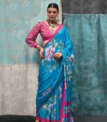 Turquoise blue printed silk crepe saree