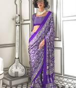Purple printed ajarakh satin crepe saree