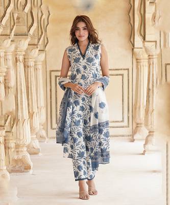 women blue floral straight kurta pant and dupatta set 7